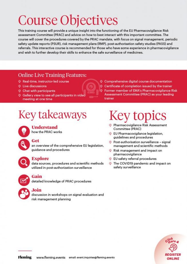 EU Pharmacovigilance and PRAC Procedures online live training by Fleming_Sneak Peek Agenda