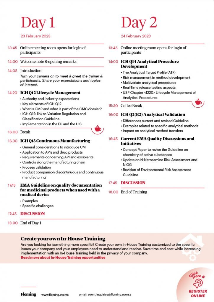 New ICH & EMA Quality Guidelines online live training Fleming Agenda Cover