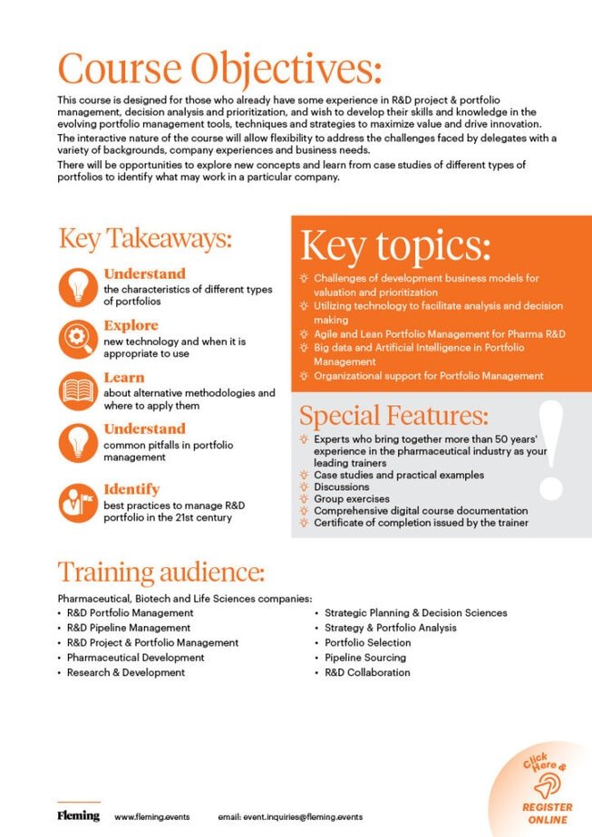 Pharma & Biotech R&D Portfolio Management in the 21st Century training by Fleming_Agenda Cover