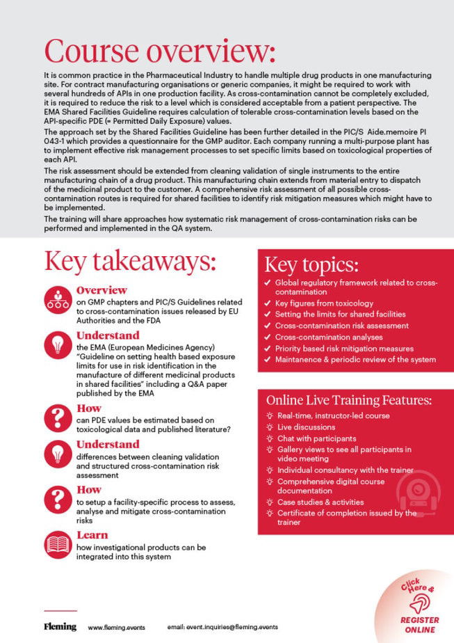 Cross Contamination Risk Assessment in Pharma Manufacturing online live training organized by Fleming_Agenda Cover