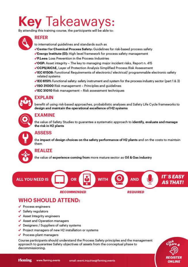 Process Safety Techniques with Application on Hydrogen Production Plants online training organized by Fleming_Agenda Cover