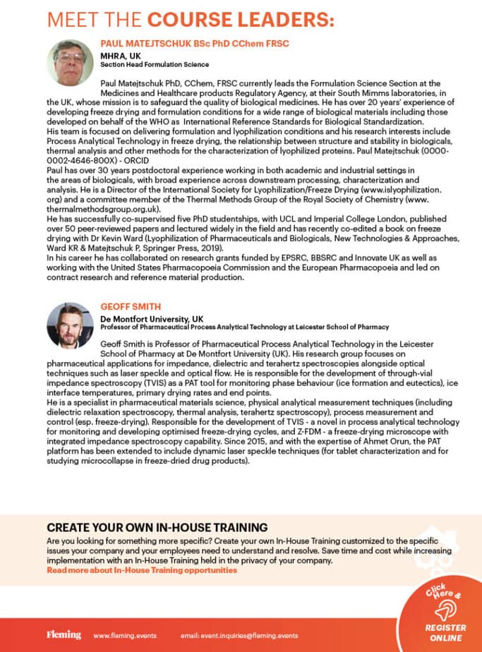 Freeze Drying for Biologics Pharmaceutics training organized by Fleming_Agenda Cover