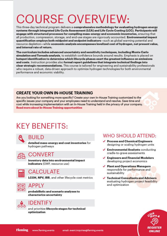 Life Cycle Assessment & Life Cycle Costing for Hydrogen Installations online training organized by Fleming_Agenda Cover