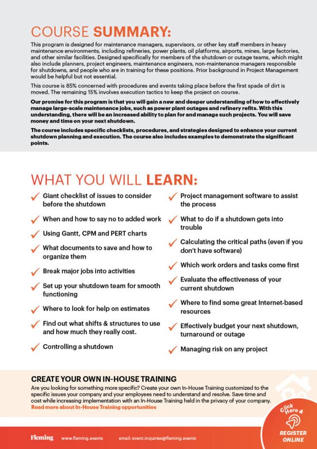 Shutdown and Turnaround Management training organized by Fleming_Agenda Cover