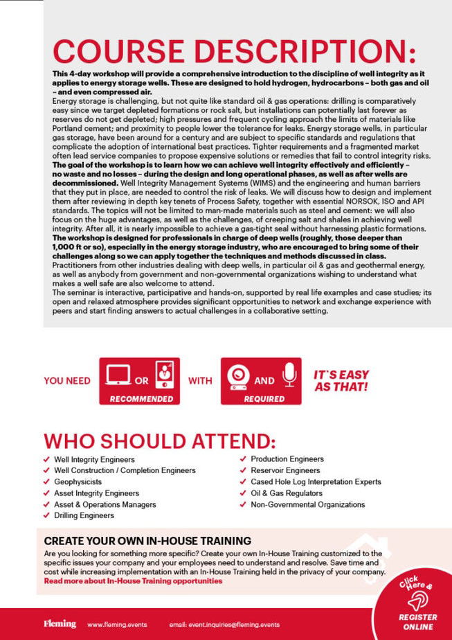 Well Integrity Management for Energy Storage online training organized by Fleming_Agenda Cover